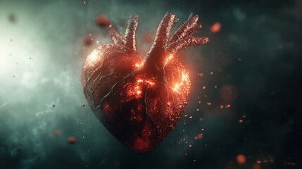 Aufkleber - The vibrant, glowing heart floats in a shadowy environment, pulsating with an otherworldly energy. Its intricate details highlight veins and textures against a backdrop of swirling darkness.