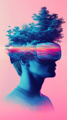 Wall Mural - A man in a VR headset is looking at a virtual sunset with a tree growing out of his head.