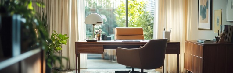 Poster - A modern office space with a desk, chair, and large windows letting in natural light.