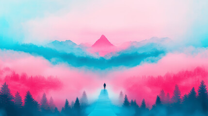 Wall Mural - Silhouette of a person standing on a path, looking towards a mountain range, surrounded by a misty, pink and blue landscape.