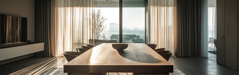 Wall Mural - A modern dining space featuring a wooden table and large windows with sheer curtains.