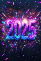 Colorful New Year 2025 celebration with fireworks