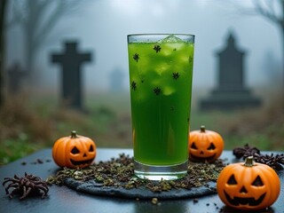 Green Halloween drink with pumpkins and gravestones
