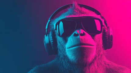 Canvas Print - Cool monkey wearing headphones and sunglasses.