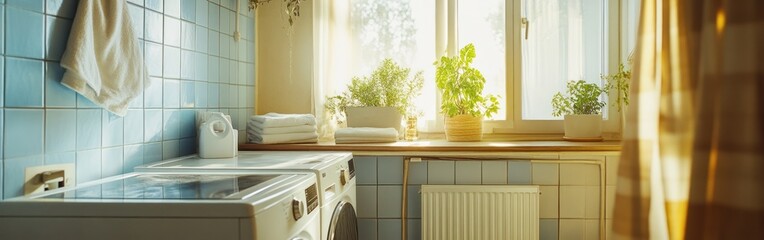 Wall Mural - A bright laundry room with a washing machine, plants, and sunlight streaming through the window.