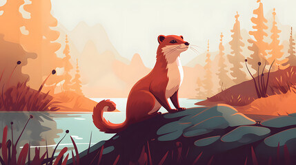 Wall Mural - Weasel In Nature Illustration Vector