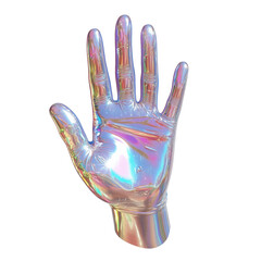 Futuristic holographic hand: reflective glove art with iridescent light effects and ethereal colors