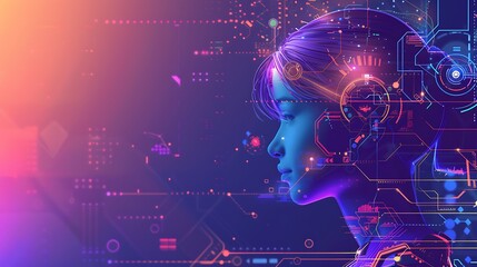 Wall Mural - woman's face is digitalized, surrounded by glowing neon circuit boards and futuristic technology, sy