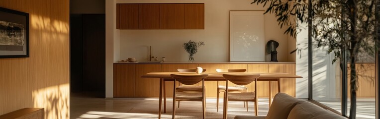 Wall Mural - Modern interior featuring a dining area with wooden furniture and natural lighting.