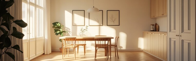 Poster - A sunlit dining area with wooden furniture and plants, creating a cozy atmosphere.