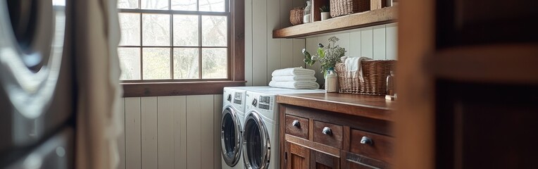 Canvas Print - A cozy laundry room featuring modern appliances and wooden cabinetry with natural light.