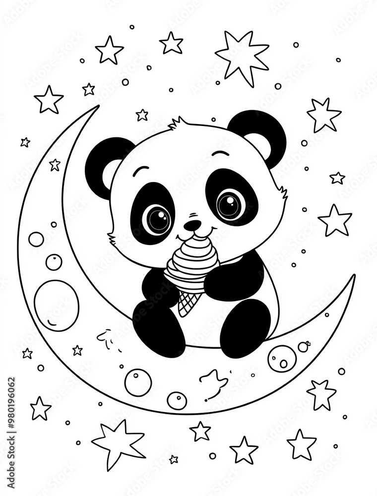 Cute panda eating ice cream on the moon, with stars around. A simple ...