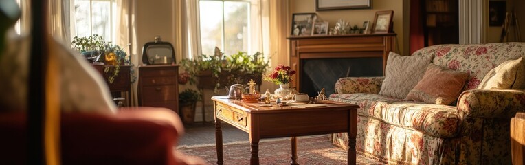 Wall Mural - A cozy living room with floral decor, plants, and a tea set on a wooden table.