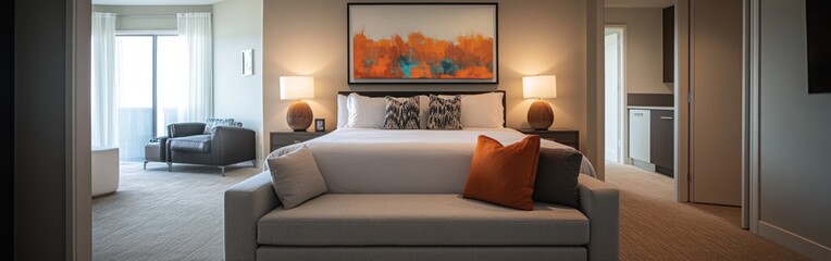 Canvas Print - Modern hotel room with a bed, seating area, and decorative artwork.