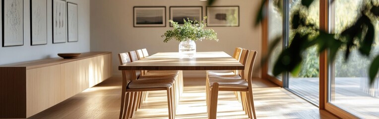 Poster - A minimalist dining area with wooden furniture and natural light.