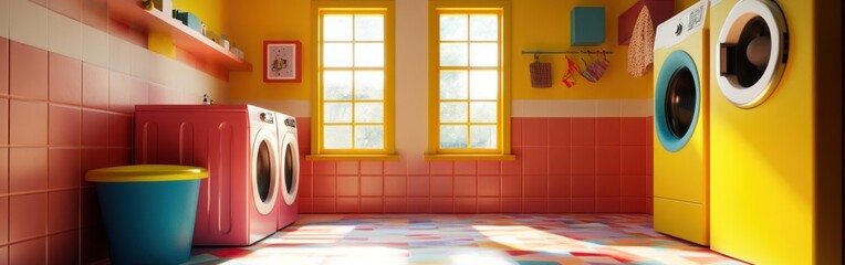 Wall Mural - A bright, colorful laundry room with washing machines and a playful atmosphere.