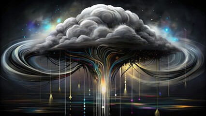 Wall Mural - Abstract Cloud Formation with Colorful Strings and Swirling Patterns