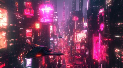 Wall Mural - Cyberpunk Cityscape with Flying Vehicles