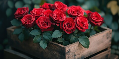 Ultra-realistic red roses in a wooden box with green leaves, shot from an oblique angle