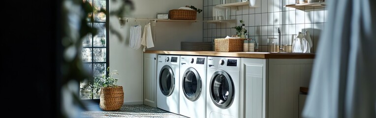 Wall Mural - A modern laundry room featuring washing machines, shelves, and natural light.