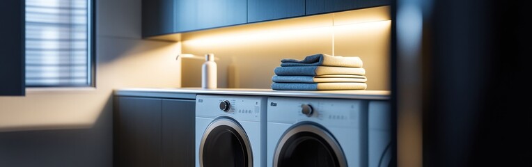 A modern laundry room featuring stacked appliances and neatly folded towels.