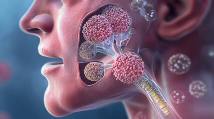 Leinwandbilder - This is a medical illustration of a person's throat, showing the alveoli, which are tiny air sacs in the lungs. The alveoli are the sites of gas exchange in the lungs.