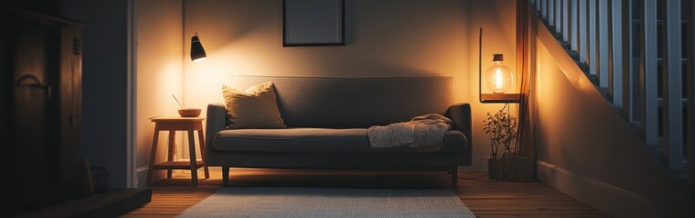 Poster - Cozy living room with soft lighting, inviting relaxation and comfort.