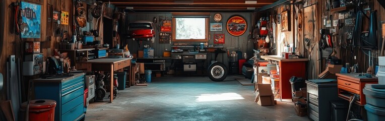 Poster - A well-organized workshop with tools, workbenches, and a classic car in the background.