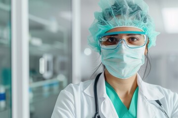 A healthcare professional in a mask and glasses, embodying safety and care in a medical environment.