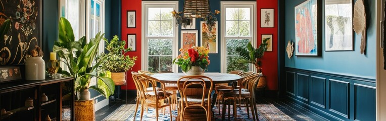 Poster - A vibrant dining room featuring a large table, colorful walls, and lush plants.