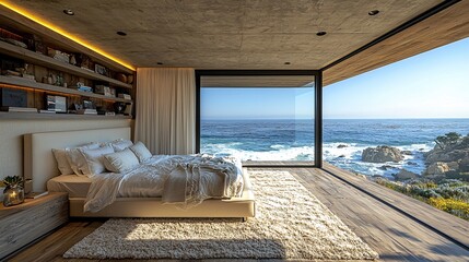 Create a contemporary bedroom with minimalist decor, featuring sliding doors opening to a breathtaking ocean view