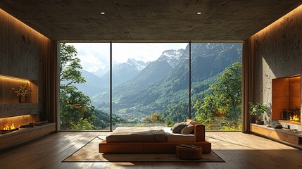 Wall Mural - Design a modern loft bedroom with a glass wall showcasing a picturesque mountain and valley view