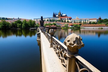 A view of Prague Castle and the city from the Charles Bridge, capturing the beauty of the historic architecture