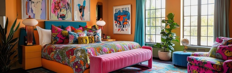 Canvas Print - A vibrant, colorful bedroom featuring floral patterns and playful decor elements.