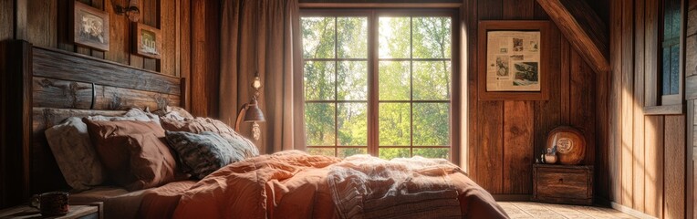 Poster - Cozy wooden bedroom with warm tones and natural light streaming through large windows.