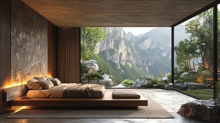 Design a modern bedroom with natural stone walls, featuring a view of jagged mountain cliffs and greenery