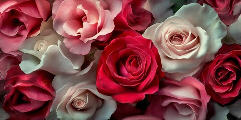 Poster - A beautiful arrangement of roses in various shades of red and pink. These flowers symbolize love and passion. Perfect for decorations and floral designs. Ideal for celebrations. AI