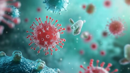 Aufkleber - Red and blue virus particles float amidst a vibrant, abstract background, showcasing their intricate structures and highlighting the microscopic world of pathogens and microorganisms at play.