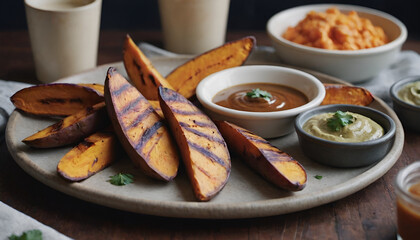 Wall Mural - grilled sweet potato wedges with dipping sauces on a plate