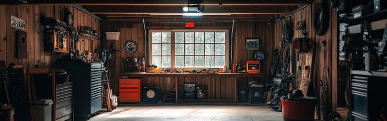 Poster - A well-organized garage workspace with tools and equipment for various projects.