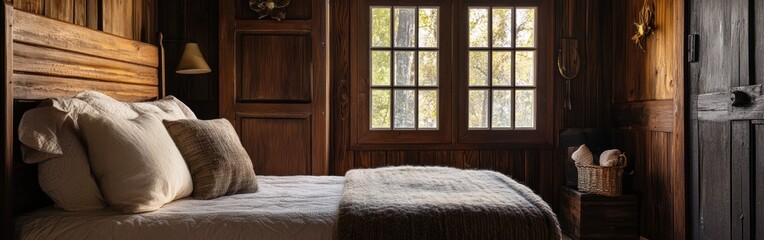 Sticker - Cozy wooden bedroom with natural light and rustic decor.