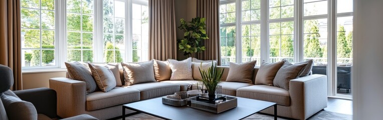 Poster - Modern living room with large windows, comfortable seating, and decorative plants.