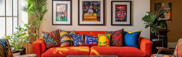 Wall Mural - A vibrant living room with a colorful sofa and framed artwork.