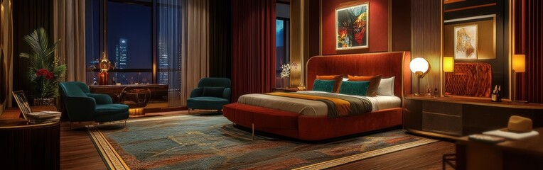 Canvas Print - Luxurious hotel room featuring modern decor and city views at night.