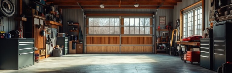 Sticker - A spacious garage with organized tools and equipment, ready for projects and repairs.