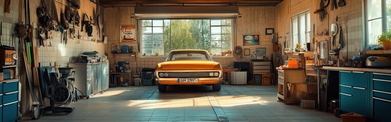 Poster - A vintage car in a well-equipped garage, showcasing tools and a creative workspace.