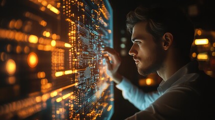 Focused Man Studying a Large Digital Screen