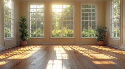 Wall Mural - Sunlight streaming through windows in an empty room with wooden floor