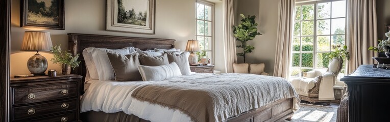 Wall Mural - Cozy bedroom with natural light, elegant decor, and a serene atmosphere.