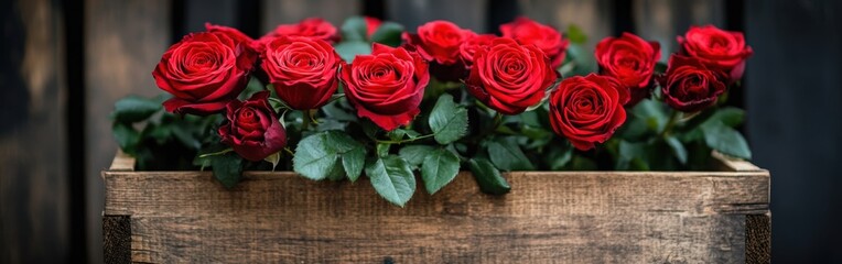 Ultra-realistic red roses in a wooden box with green leaves, shot from an oblique angle